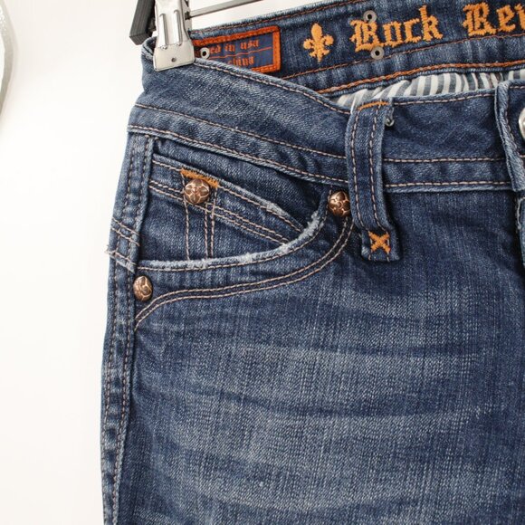 Rock Revival Jeans Womens 28 Gwen Boot Blue Flap Thick Stitch Low Rise Denim - Picture 2 of 14